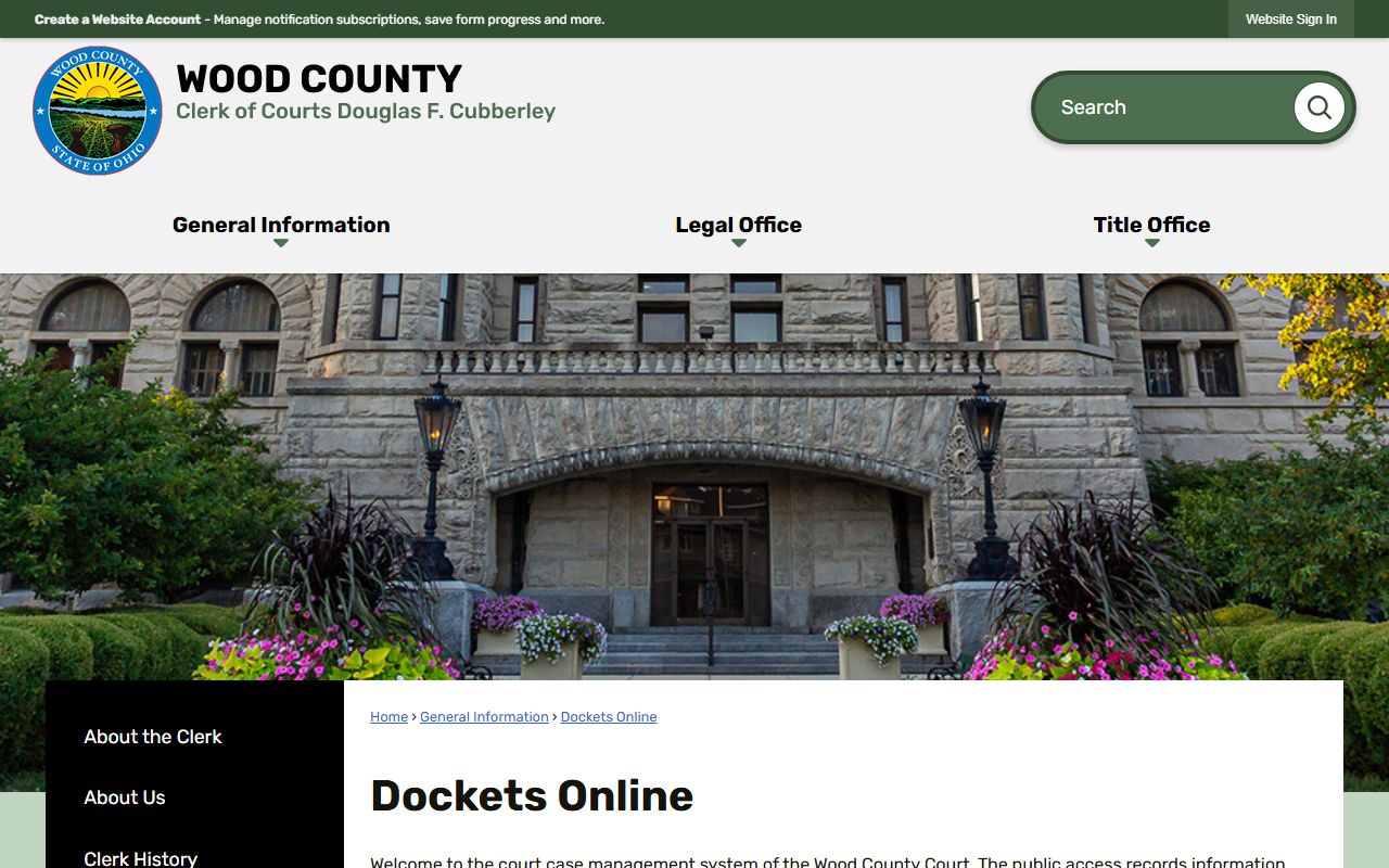 Wood County Clerk Dockets Online page with CourtView access notice