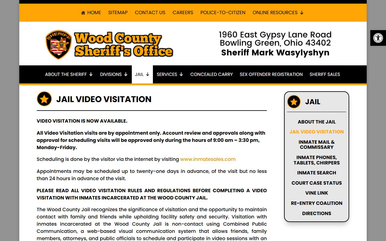 Wood County Jail video visitation schedule and rules page