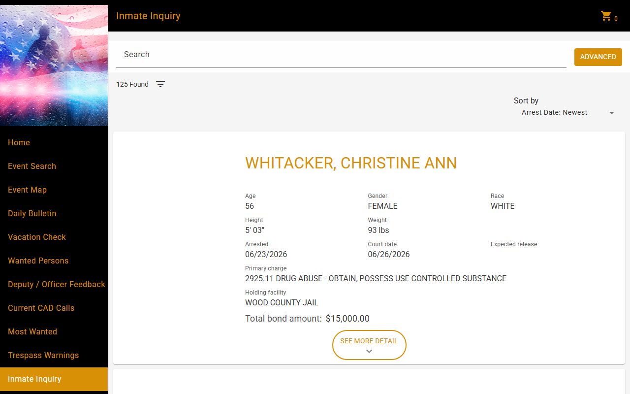 Wood County Sheriff P2C inmate catalog search interface